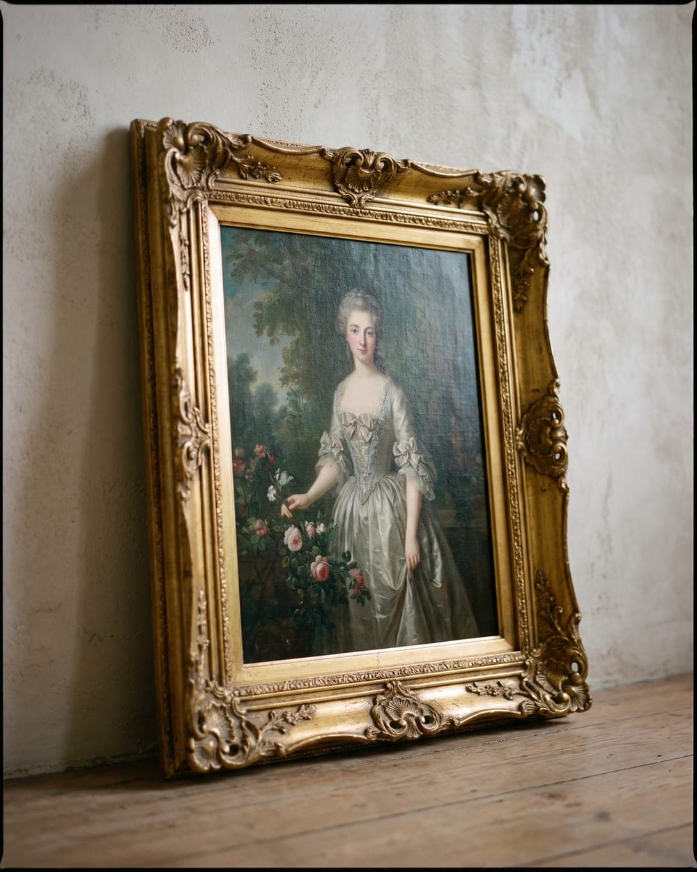 Klassisches Porträtgemälde in aufwendigem Goldrahmen an heller Wand
