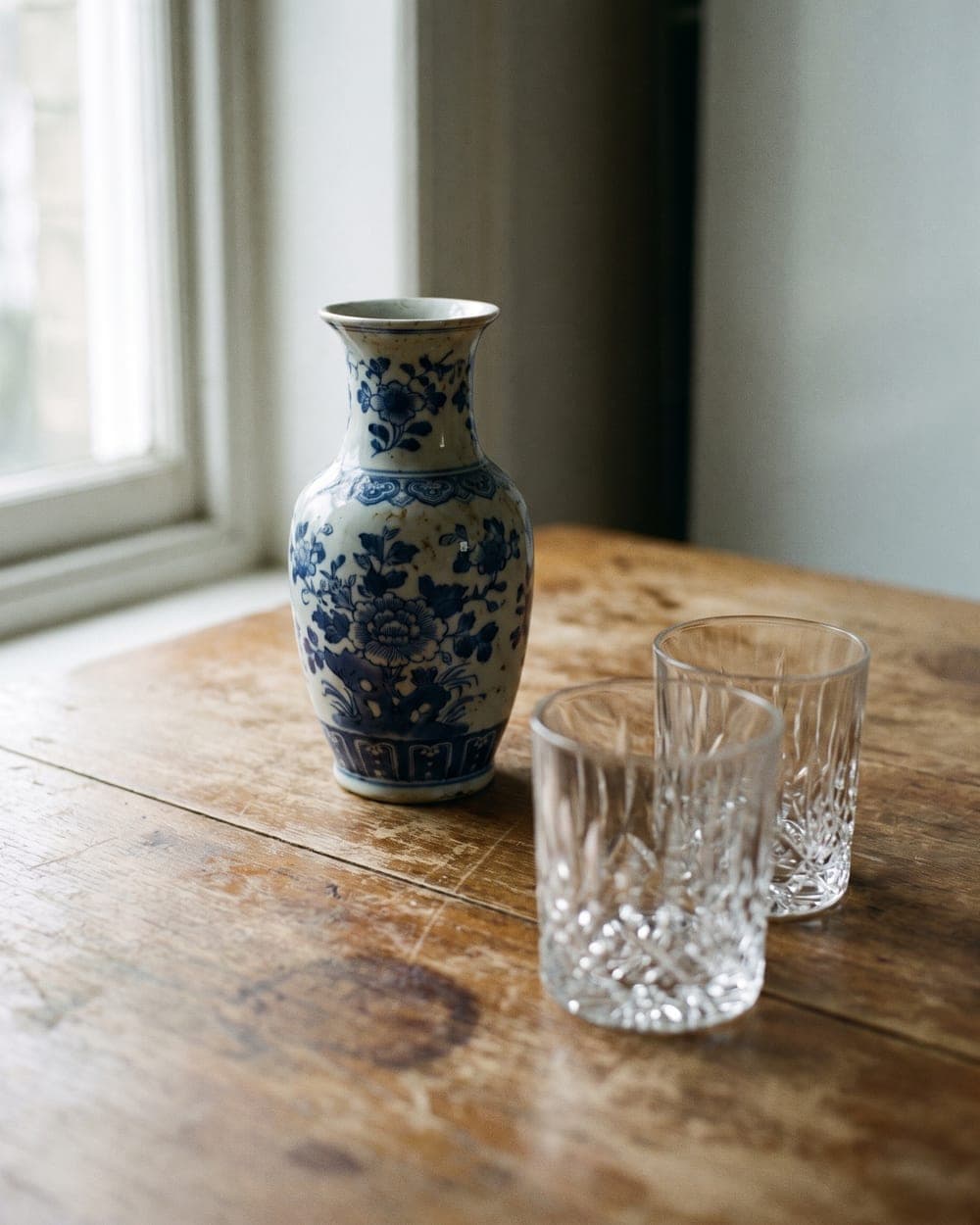 Blau-weiße Porzellanvase mit handbemaltem Blumendekor neben Kristallgläsern